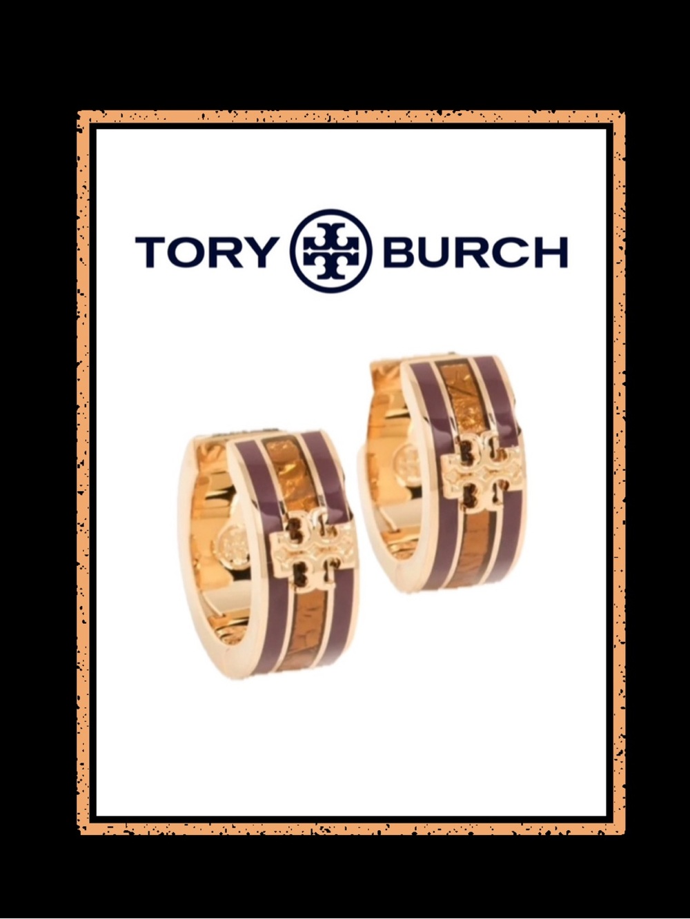 Tory Burch Kira Enamel Huggie Hoop Earrings in Tory Gold Burgundy Multi